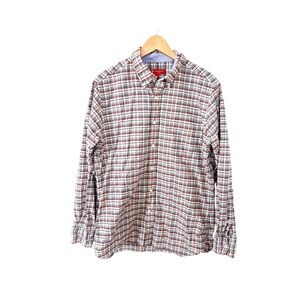 Cremieux‎ Slim Fit Cream Red Plaid Long Sleeve 100% Cotton Dress Shirt